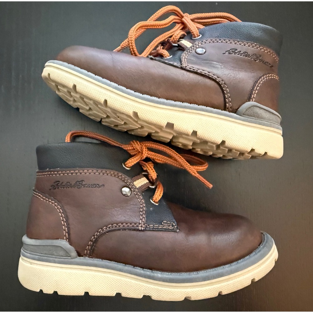 Eddie Bauer Boys Rascal Ankle Boot Size 8 Brown Rugged Faux Leather Lace-Up